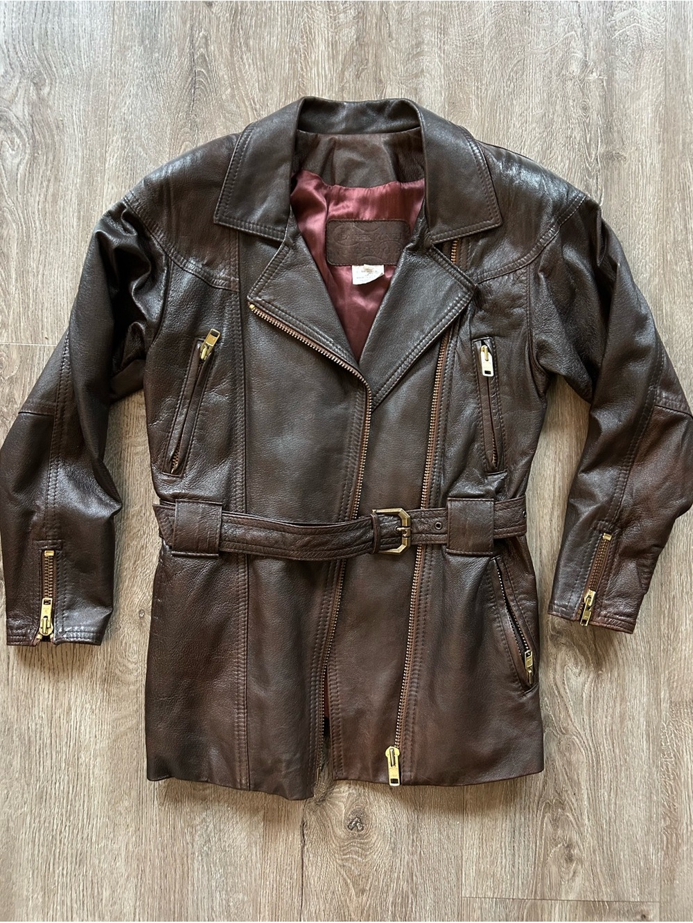 Vintage 80’s Brown Leather Belted Jacket with Gold Toned Zippers Made In Canada